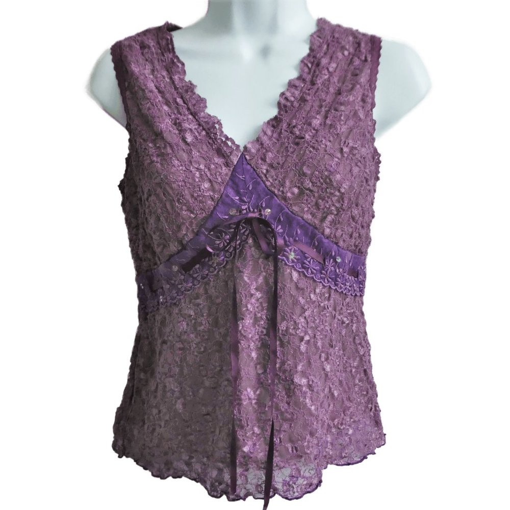 SOLD Y2K Summer Purple Top Nylon Spandex Floral Lace Lined Tank Grunge Fairy - Picture 5 of 7